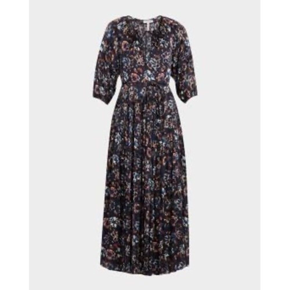 Apiece Apart Santa Cecilia Tiered Viscose Sateen Floral Maxi Dress Navy Small